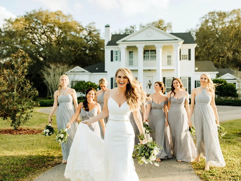A bride and her bridesmaids on the drive